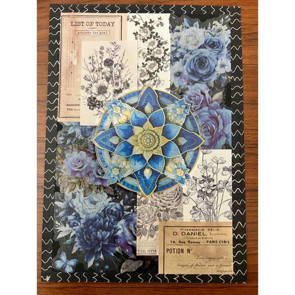 5x7 Mixed Media Collage Artwork OOAK - Blue Floral - Picture 1 of 2